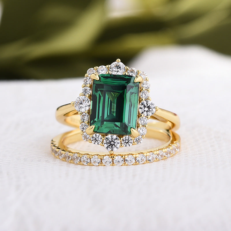 Exclusive Yellow Gold Halo Emerald Cut Wedding Sets In Sterling Silver-Maxinejewelry