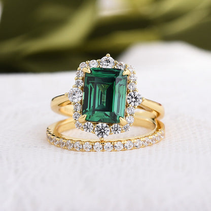 Exclusive Yellow Gold Halo Emerald Cut Wedding Sets In Sterling Silver-Maxinejewelry