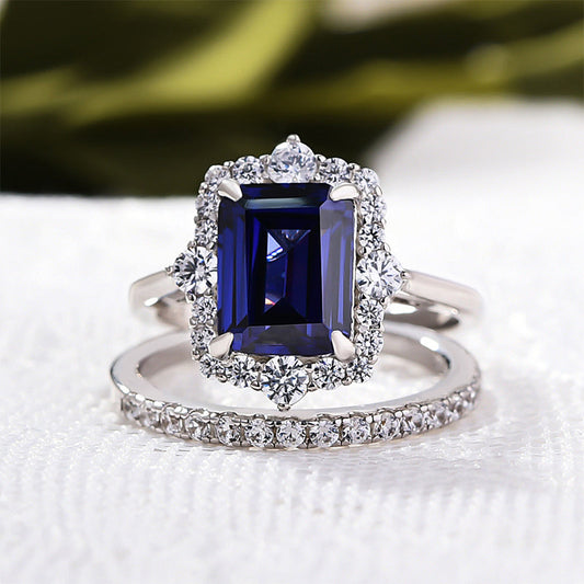 Exclusive Halo Blue Sapphire Emerald Cut Wedding Ring Sets In Sterling Silver-Maxinejewelry