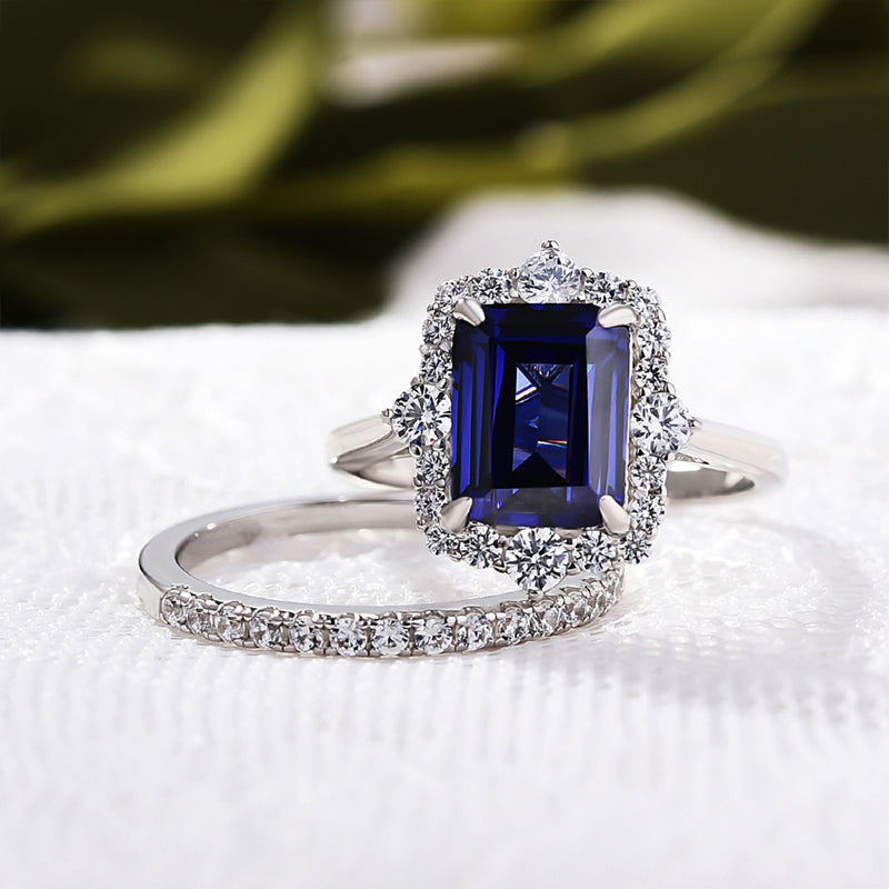 Exclusive Halo Blue Sapphire Emerald Cut Wedding Ring Sets In Sterling Silver-Maxinejewelry