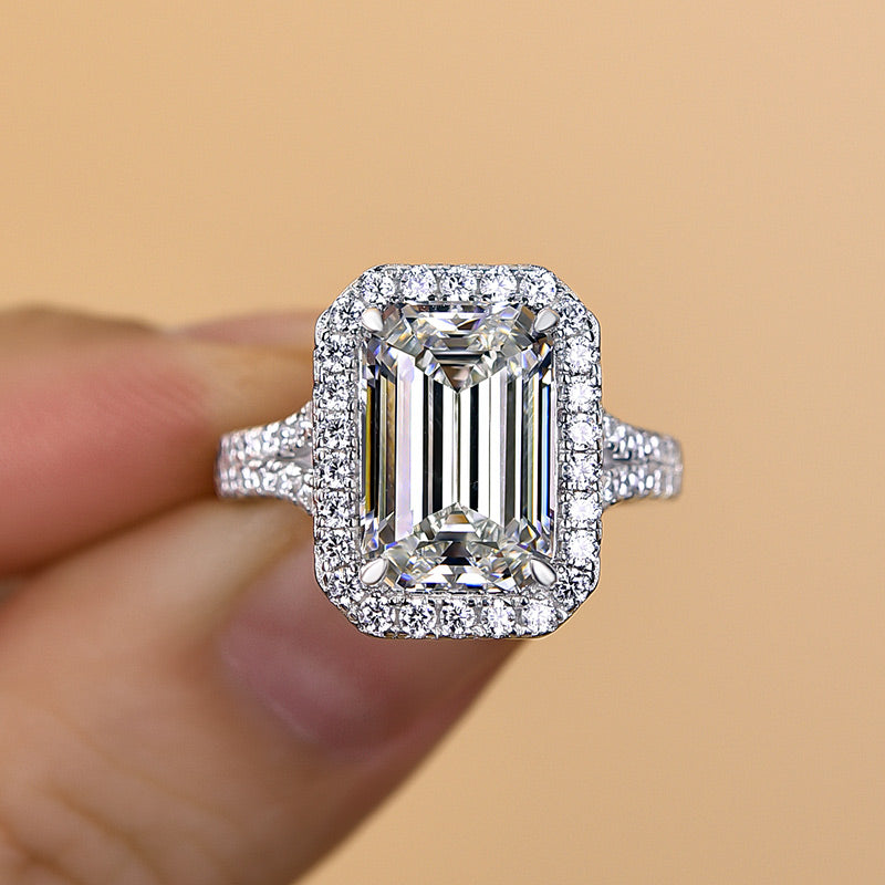 Luxury Halo Split Shank Emerald Cut Engagement Ring In Sterling Silver