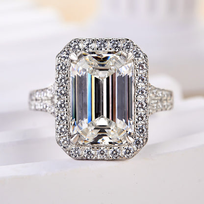 Luxury Halo Split Shank Emerald Cut Engagement Ring In Sterling Silver