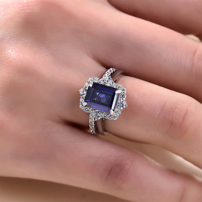 Exclusive Halo Blue Sapphire Emerald Cut Wedding Ring Sets In Sterling Silver-Maxinejewelry