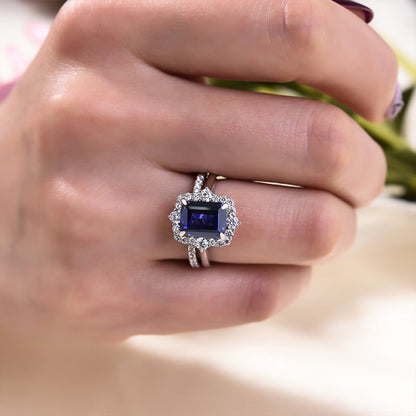 Exclusive Halo Blue Sapphire Emerald Cut Wedding Ring Sets In Sterling Silver-Maxinejewelry