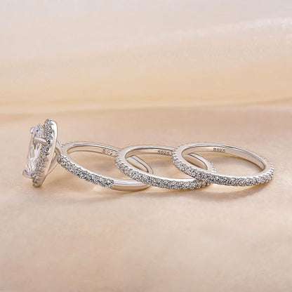 Exquisite Halo Pear Cut 3PC Wedding Ring Set In Sterling Silver-Maxinejewelry