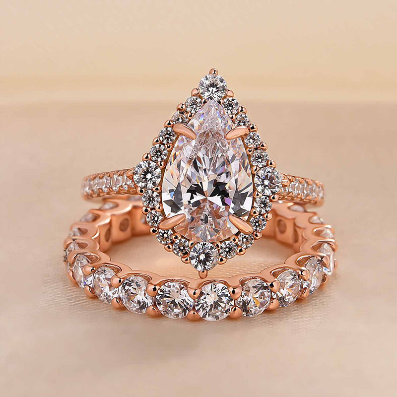 Sparkle Rose Gold Halo Pear Cut Bridal Ring Set In Sterling Silver-Maxinejewelry