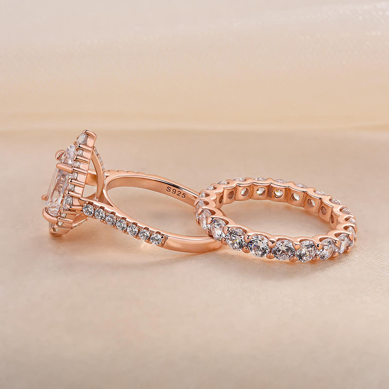 Sparkle Rose Gold Halo Pear Cut Bridal Ring Set In Sterling Silver-Maxinejewelry