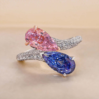 Unique Pear Cut Aquamarine Blue &amp; Pink Sapphire Engagement Ring In Sterling Silver-Maxinejewelry