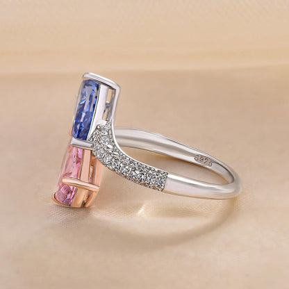 Unique Pear Cut Aquamarine Blue &amp; Pink Sapphire Engagement Ring In Sterling Silver-Maxinejewelry