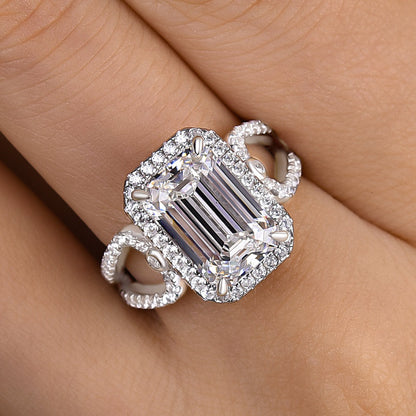 Noble Split Shank Halo Emerald Cut Engagement Ring In Sterling Silver