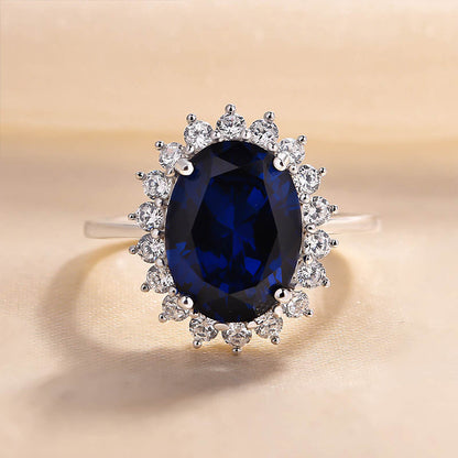 Luxurious Halo Oval Cut Blue Sapphire Engagement Ring In Sterling Silver-Maxinejewelry