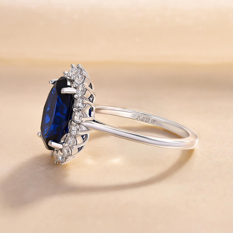 Luxurious Halo Oval Cut Blue Sapphire Engagement Ring In Sterling Silver-Maxinejewelry