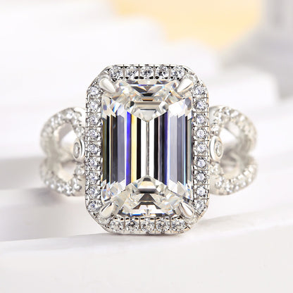 Noble Split Shank Halo Emerald Cut Engagement Ring In Sterling Silver