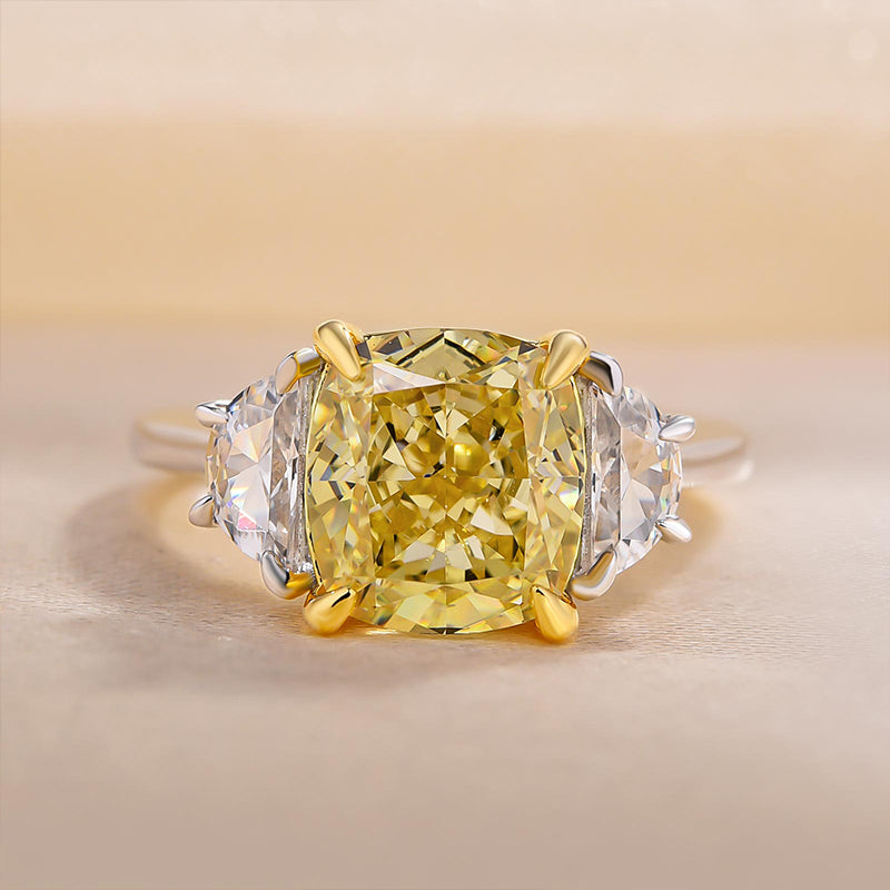 Elegant Cushion Cut Three Stone Yellow Sapphire Engagement Ring In Sterling Silver-Maxinejewelry