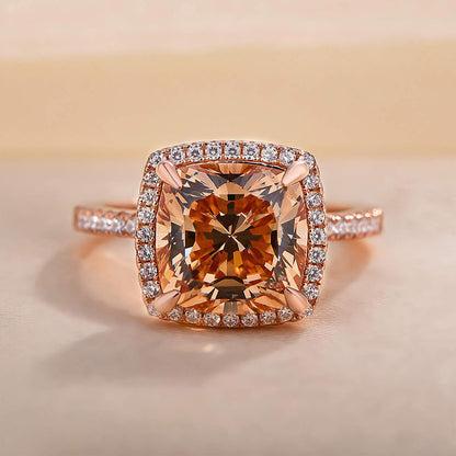 Elegant Rose Gold Halo Cushion Cut Champagne Engagement Ring In Sterling Silver-Maxinejewelry