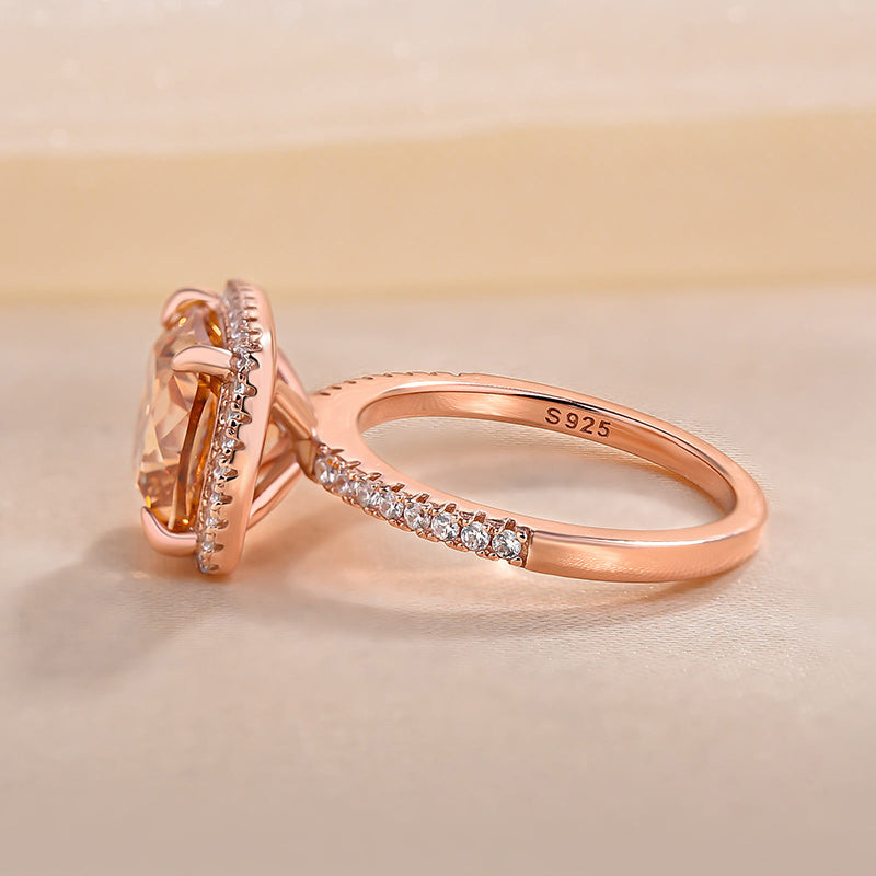 Elegant Rose Gold Halo Cushion Cut Champagne Engagement Ring In Sterling Silver-Maxinejewelry