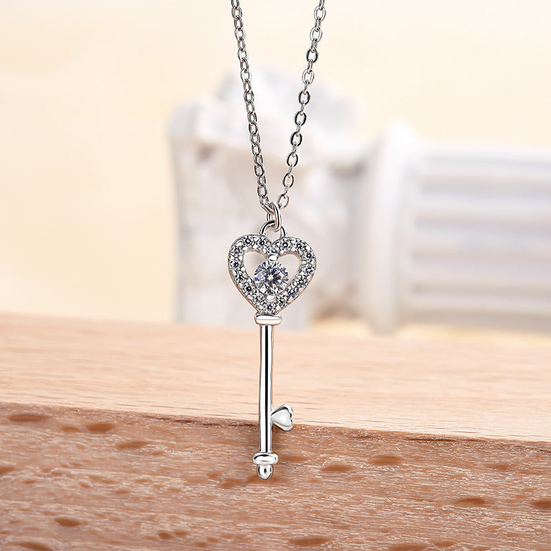 Heart Key White Sapphire Pendant Charm Necklace In Sterling Silver