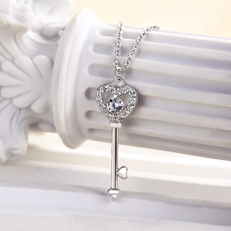 Heart Key White Sapphire Pendant Charm Necklace In Sterling Silver