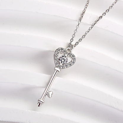 Heart Key White Sapphire Pendant Charm Necklace In Sterling Silver