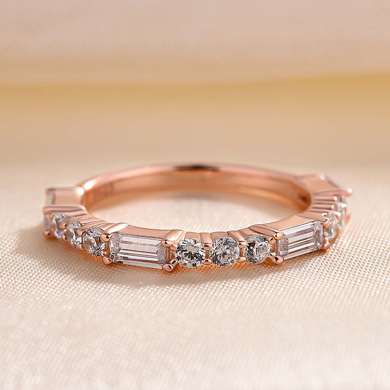 Rose Gold Emerald &amp; Round Cut Diamond Wedding Band In Sterling Silver