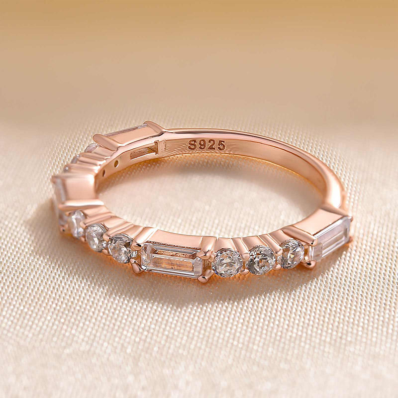 Rose Gold Emerald &amp; Round Cut Diamond Wedding Band In Sterling Silver