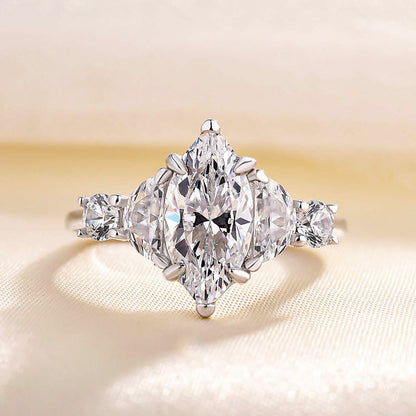 Stunning Marquise Cut Three Stone Engagement Ring In Sterling Silver-Maxinejewelry