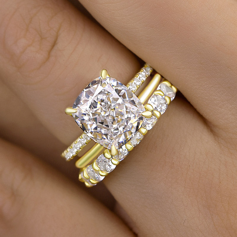 Excellent Yellow Gold Cushion Cut 3PC Women's Wedding Ring Set In Sterling Silver