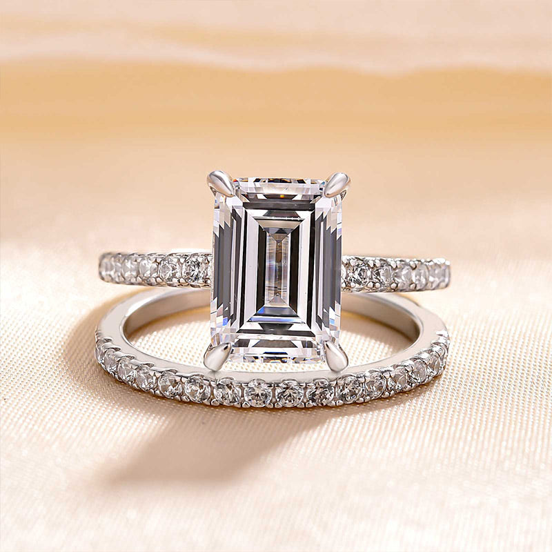 Classic Emerald Cut Wedding Ring Set In Sterling Silver-Maxinejewelry