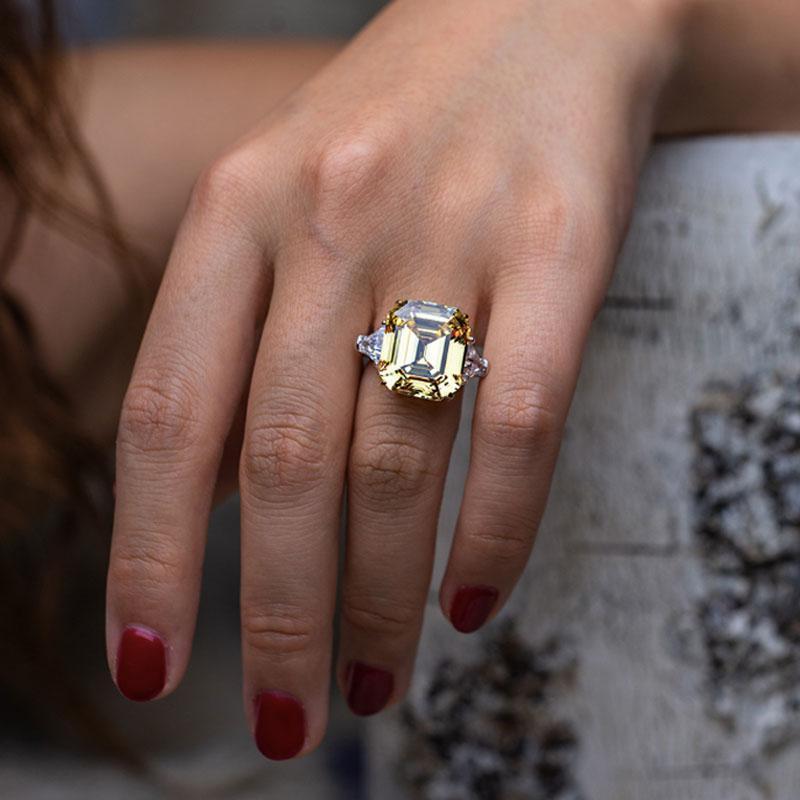 Yellow Sapphire Assher Cut and Trillion Cut Three Stone Engagement Ring for Her-Maxinejewelry