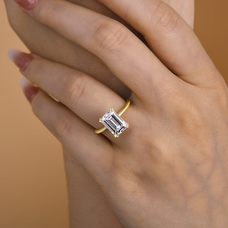 Timeless Yellow Gold Emerald Cut Engagement Ring In Sterling Silver-Maxinejewelry