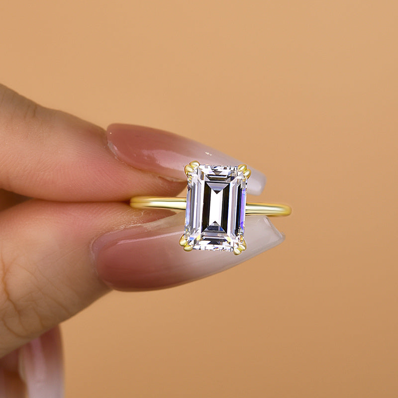 Timeless Yellow Gold Emerald Cut Engagement Ring In Sterling Silver-Maxinejewelry