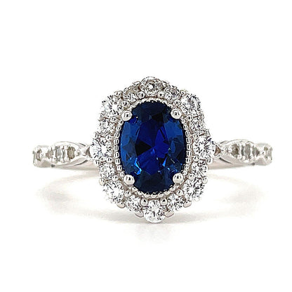 Noble Halo Oval Cut Blue Sapphire  Engagement Ring In Sterling Silver