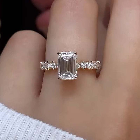 Louily Unique Yellow Gold Emerald Cut Engagement Ring