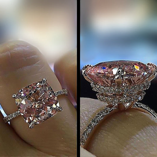 Rose Gold Peachy Pink Stone Cushion Cut Engagement Ring With Double Halo-Maxinejewelry