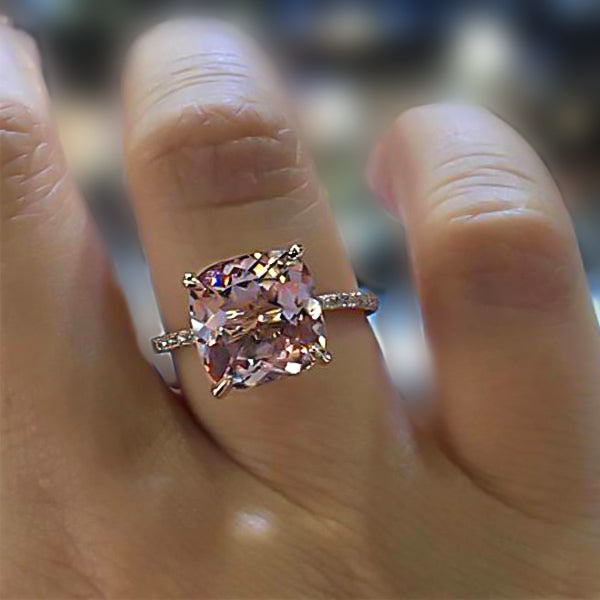 Rose Gold Peachy Pink Stone Cushion Cut Engagement Ring With Double Halo-Maxinejewelry