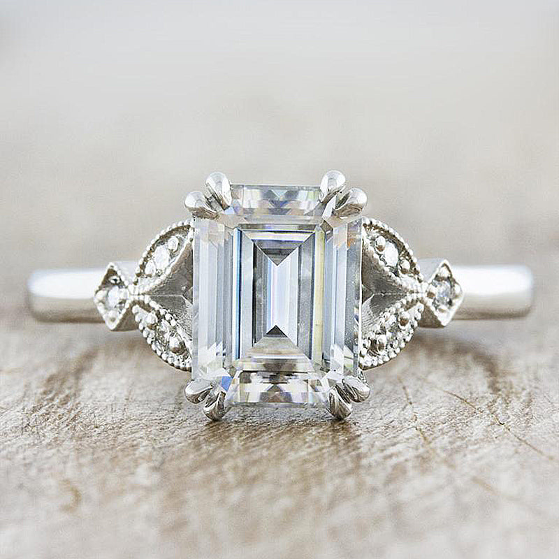 Classic Emerald Cut White Sapphire Women's Engagement Ring In Sterling Silver