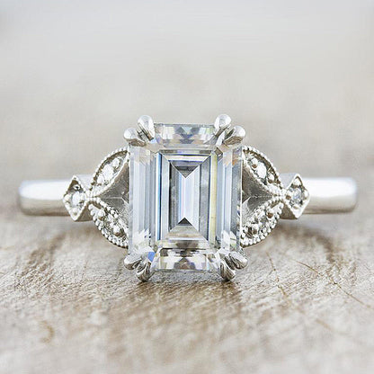 Classic Emerald Cut White Sapphire Women's Engagement Ring In Sterling Silver