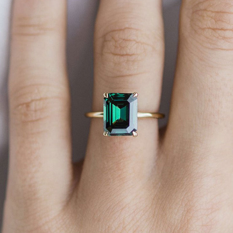 Classic Yellow Gold Emerald Cut Engagement Ring In Sterling Silver-Maxinejewelry