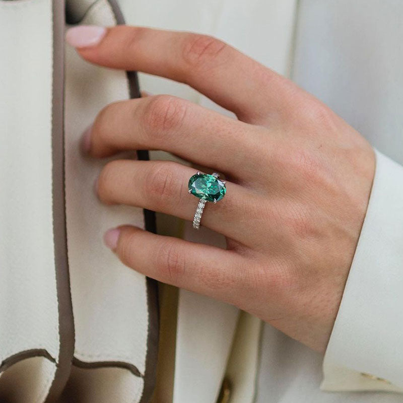 Classic Oval Cut Emerald Green Simulated Diamond Engagement Ring In Sterling Silver-Maxinejewelry