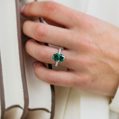 Classic Oval Cut Emerald Green Simulated Diamond Engagement Ring In Sterling Silver-Maxinejewelry