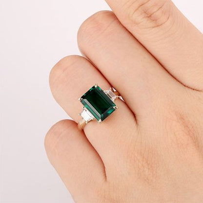 Yellow Gold Emerald Green Emerald Cut Three Stone Engagement Ring-Maxinejewelry