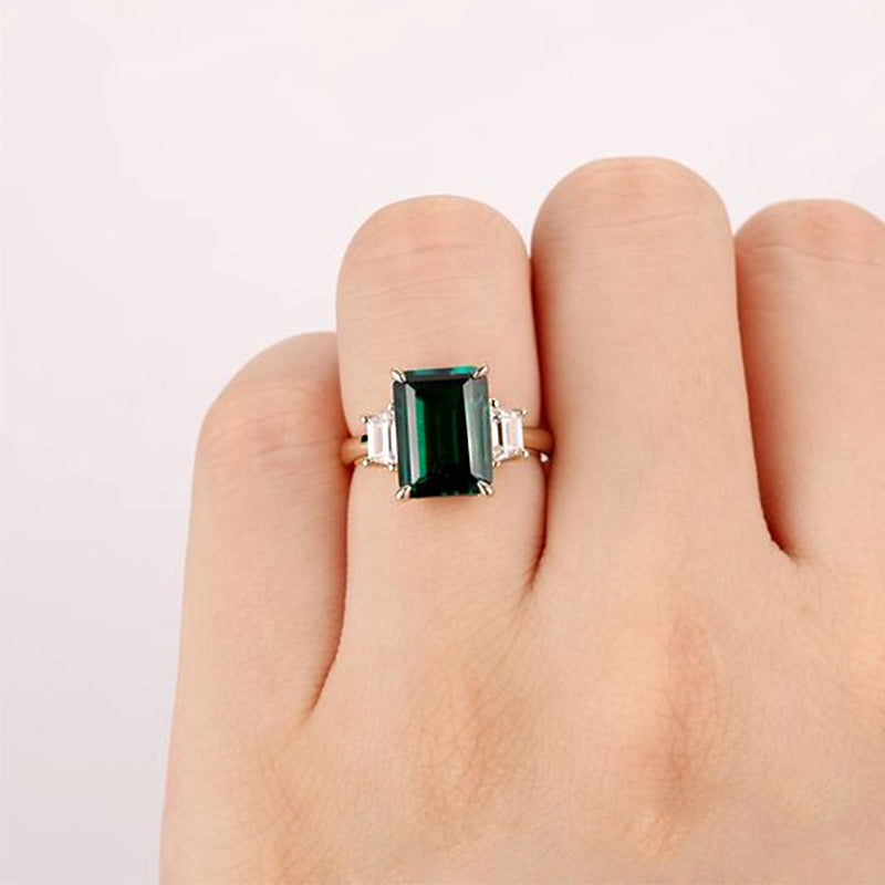 Yellow Gold Emerald Green Emerald Cut Three Stone Engagement Ring-Maxinejewelry