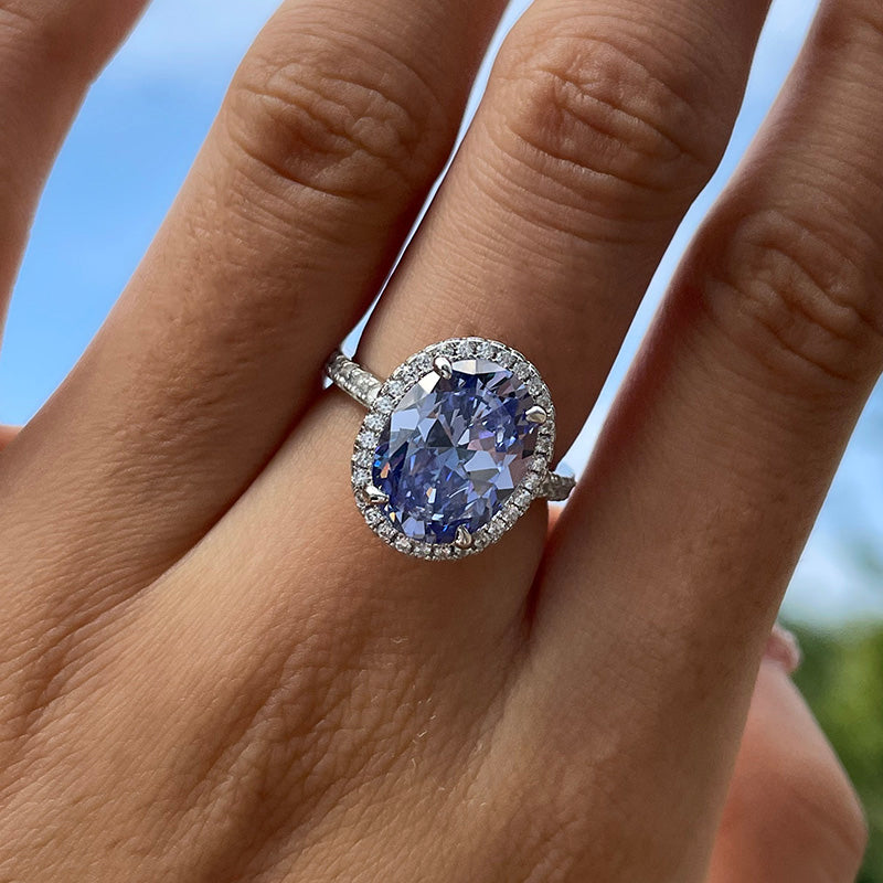 Light Blue Sapphire Halo Oval Cut Engagement Ring for Women In Sterling Silver-Maxinejewelry