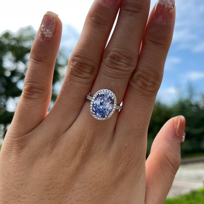 Light Blue Sapphire Halo Oval Cut Engagement Ring for Women In Sterling Silver-Maxinejewelry