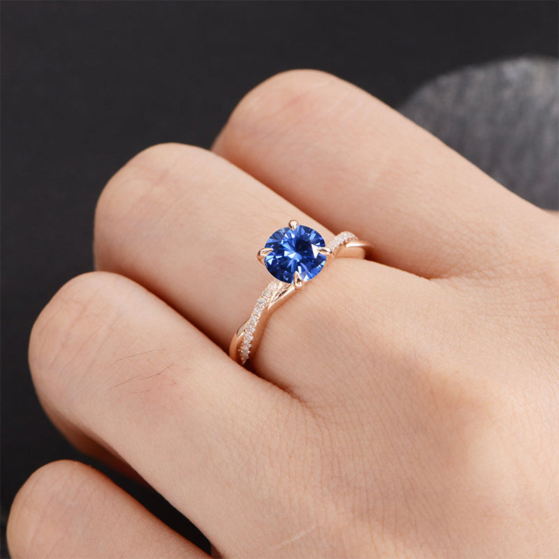 Classic Twist 1.25 Carat Round Cut Blue Sapphire Engagement Ring For Her In Sterling Silver