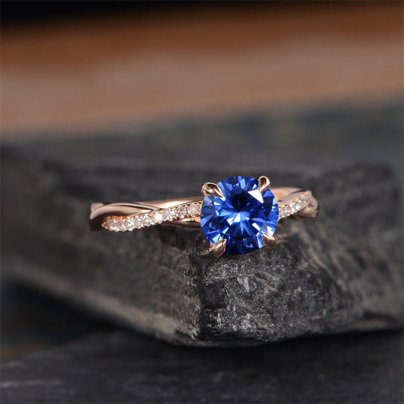 Classic Twist 1.25 Carat Round Cut Blue Sapphire Engagement Ring For Her In Sterling Silver