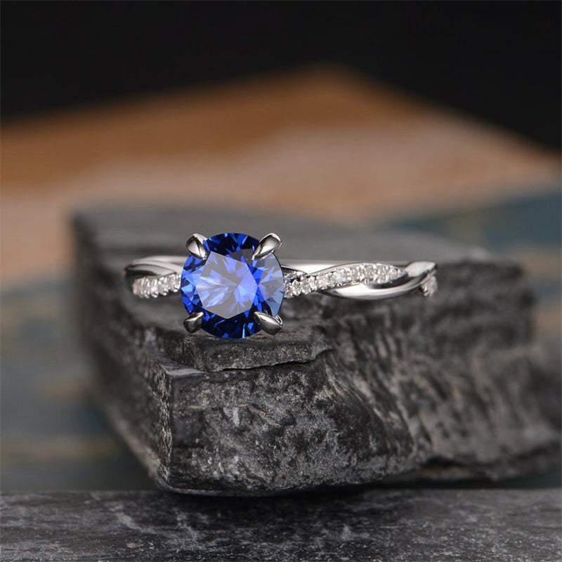 Classic Twist 1.25 Carat Round Cut Blue Sapphire Engagement Ring For Her In Sterling Silver-Maxinejewelry