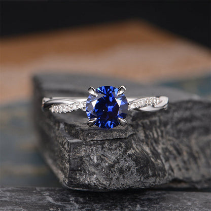 Classic Twist 1.25 Carat Round Cut Blue Sapphire Engagement Ring For Her In Sterling Silver-Maxinejewelry