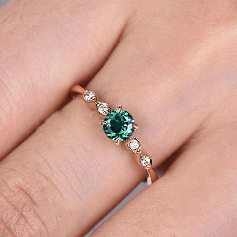 Rose Gold 1.0 Carat Emerald Green Round Cut Promise Ring For Her Sterling Silver-Maxinejewelry