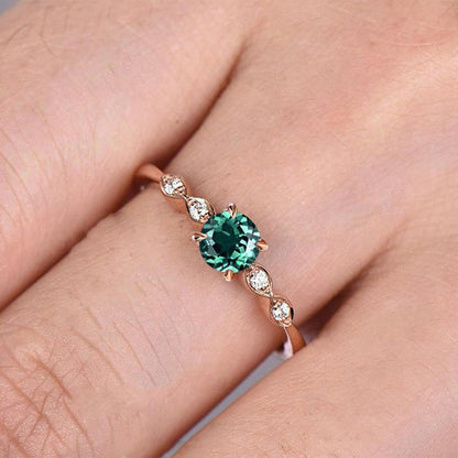 Rose Gold 1.0 Carat Emerald Green Round Cut Promise Ring For Her Sterling Silver-Maxinejewelry